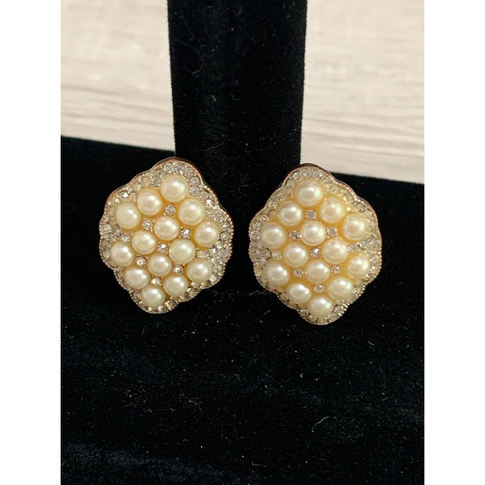 Vintage Gold Tone Faux Pearl and Rhinestone Scalloped Clip On Earrings